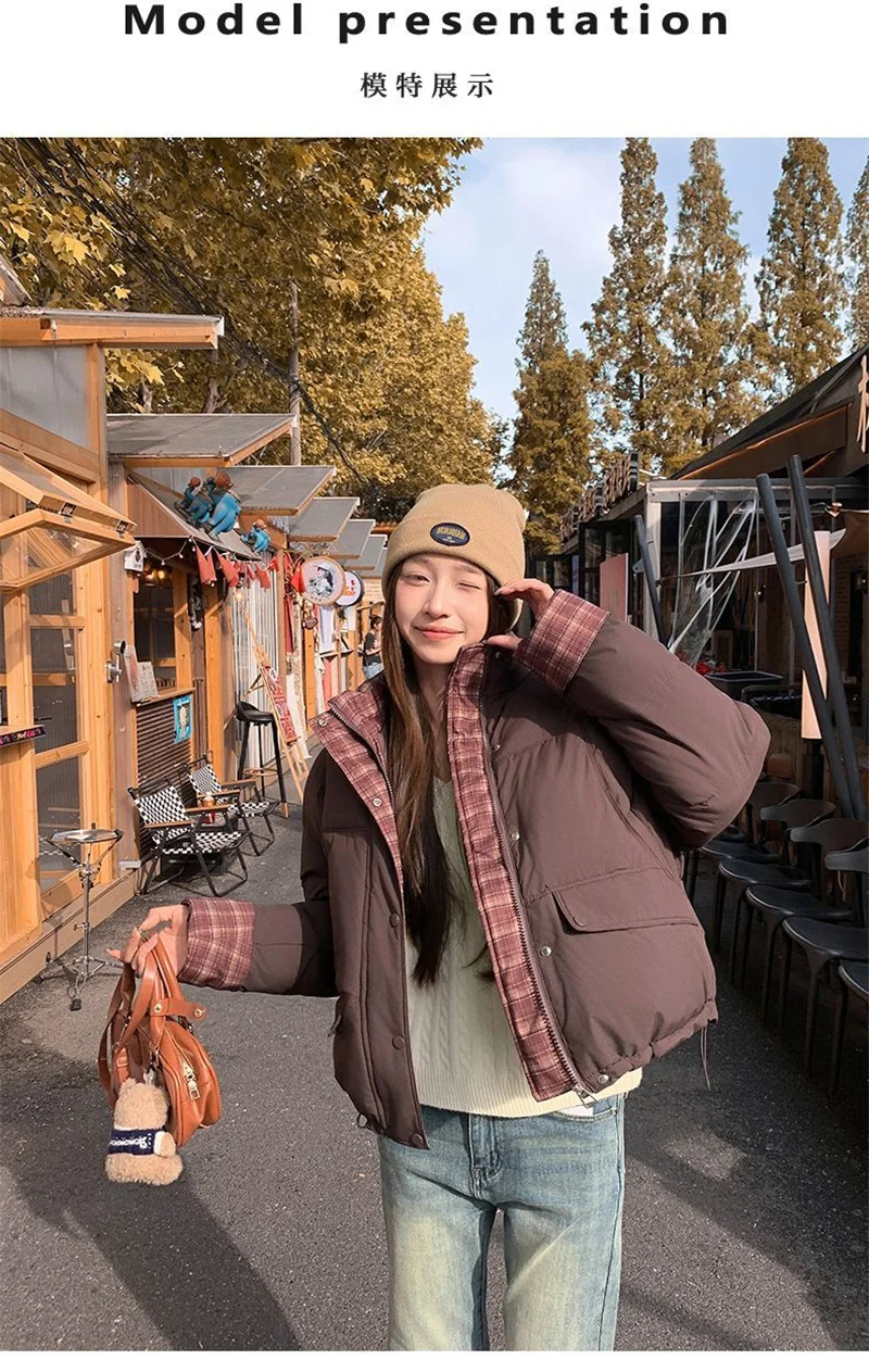 グリッドスプライシングコットンジャケット レディース ショート丈 2025秋冬新作 ショートコットンジャケット トップス レディース ブレッドジャケット