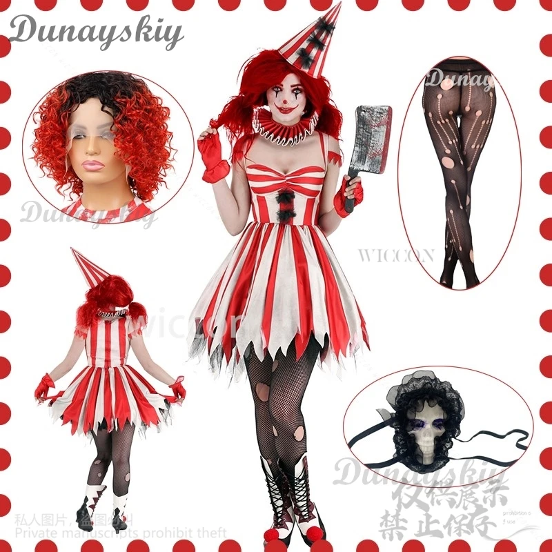 Anime 2024 Halloween Clown Cosplay Costume Dress Horror Lolita Goth Cos Sexy Stockings Skeleton Blindfold With Red Afro Wigs