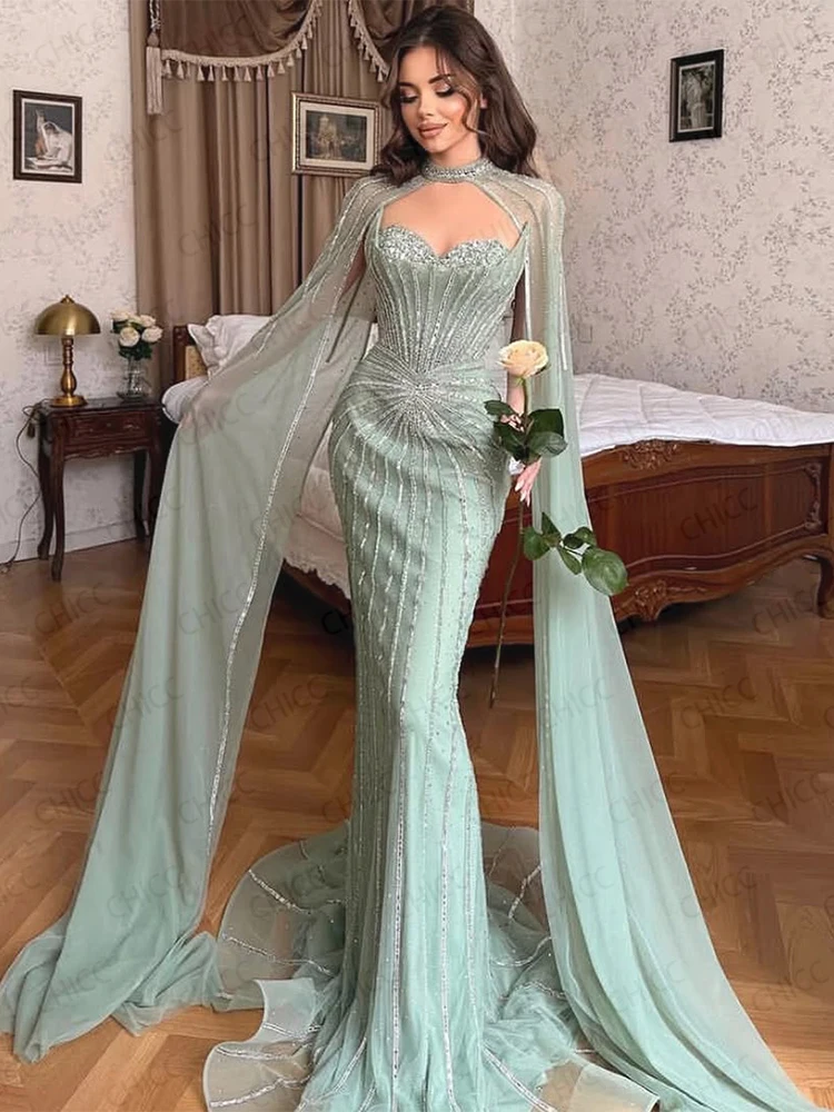 فساتين سهرة فاخرة مع كيب قابل للانفصال على شكل قلب بدون أكمام لحفلات الزفاف حورية البحر فستان حفلة موسيقية عربي مخصص