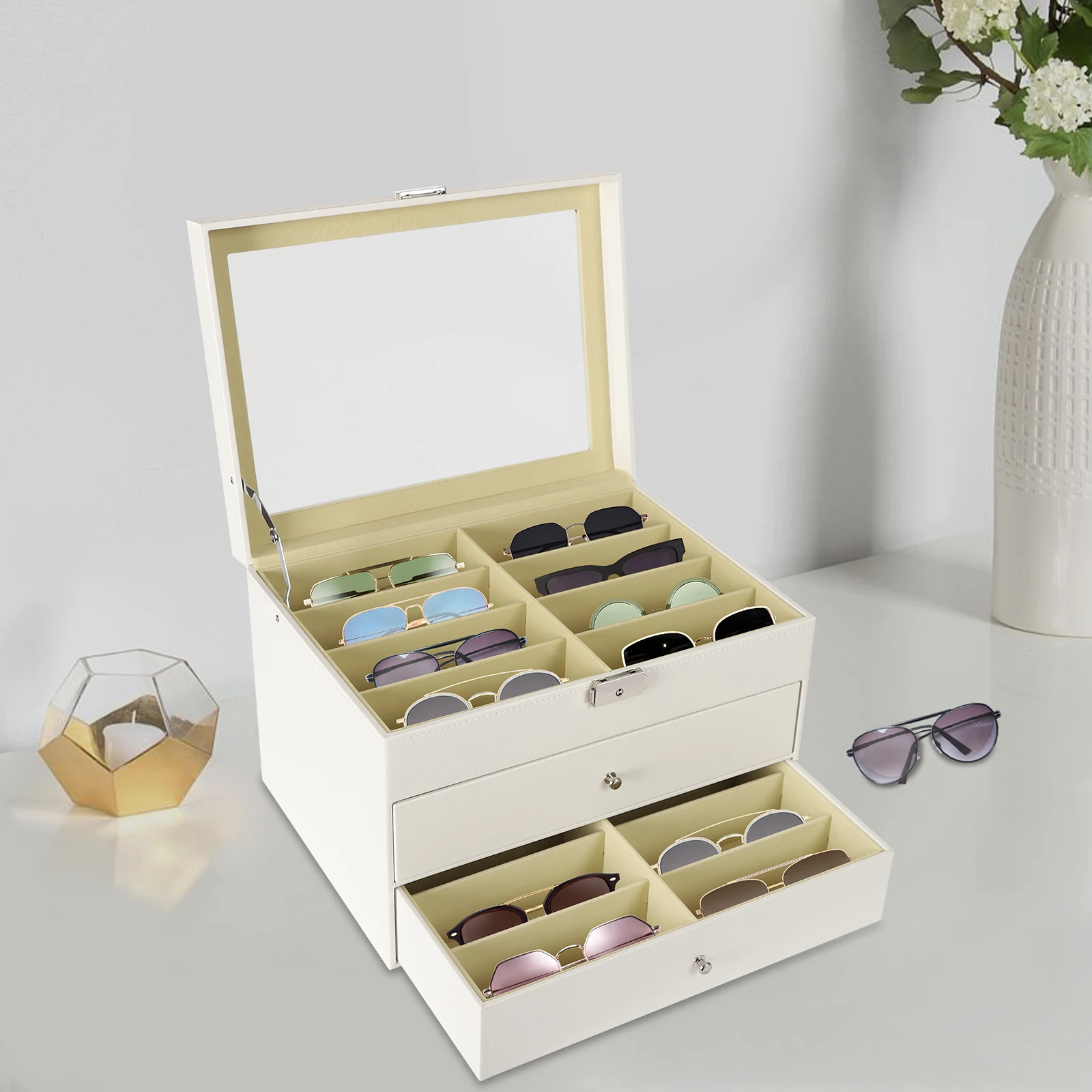 

3 Layer 24 Compartment Eyeglasses Display Case, Sunglass Glasses Display Drawer, Sunglass Organize Box White