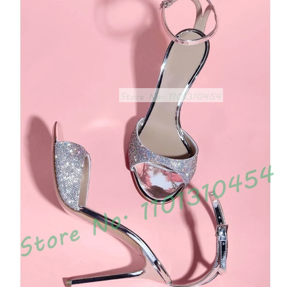 

Crystal Upper Mirrored Sandals Women Bling Ankle Strap High Heels Shoes Slender Strap Feminine Evening Casual Stiletto Sandals