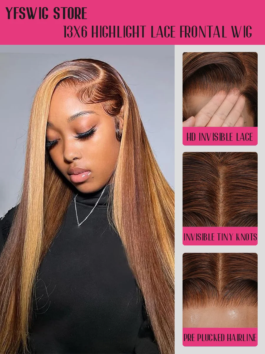 Piano Color Highlight P4/27 200% High Density 40 Inches Long-length 13x6 13x4 HD Transparent Lace Frontal Wig Bone Straight Human Hair Wigs Pre Plucked For Women Brazilian Hair