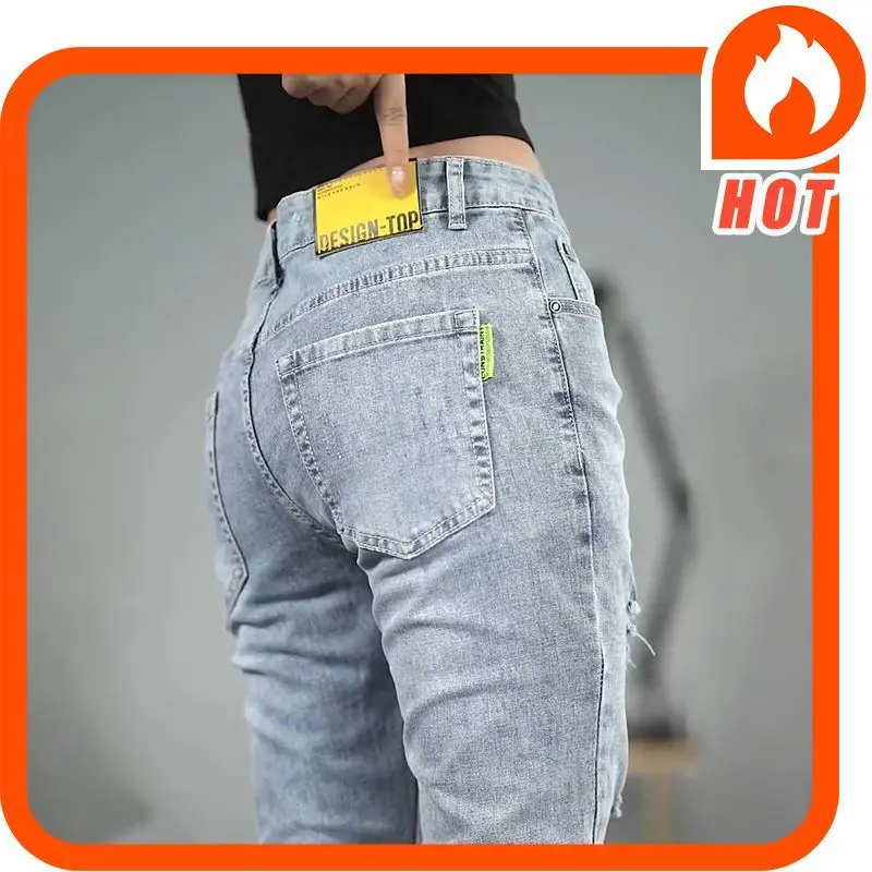 Luxury Clothing 2025 Spring and Autumn New Light Blue Fashion Jeans Men's Slim Small Straight Ripped Brand Casual Long Pants