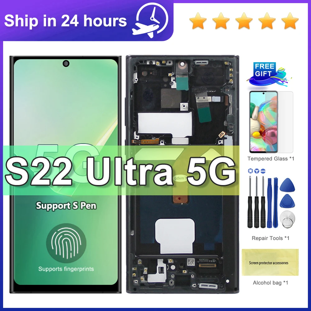 S22 Ultra Super AMOLED Screen for Samsung S22 Ultra 5G S908B S908B/DS Lcd Display Digital Touch Screen with Frame Parts