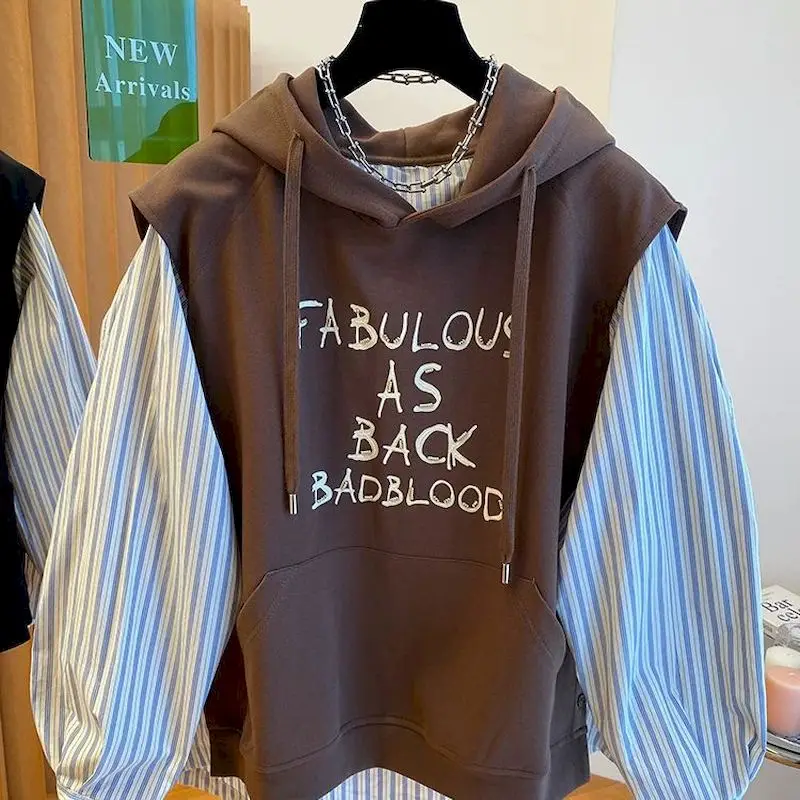 Oversized Hoodies Women Korean Loose Hoodie Fashion Striped Shirt Patchwork Hooded Coats Fake Two-piece Tops Spring Autumn Trend