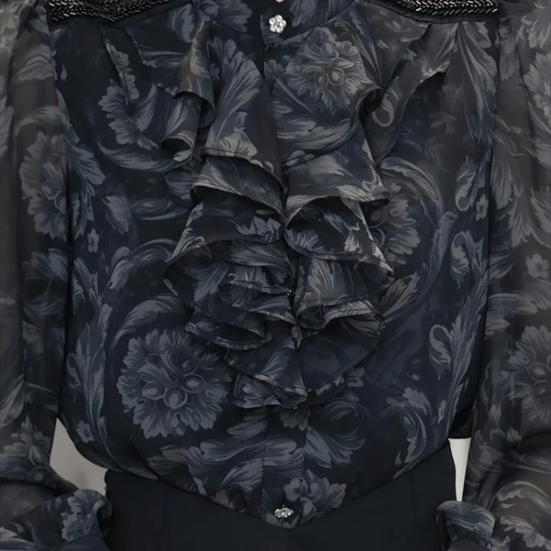 Camisa 2025 primavera nova feminina de luxo estilo francês cinza senhora do escritório fino em torno do pescoço floral temperamento de manga comprida topo