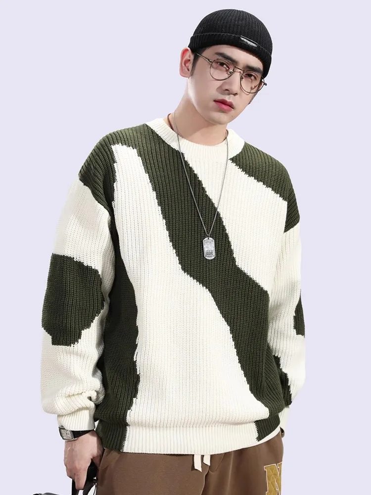 

Мужской вязаный свитер свободного кроя оверсайз с цветными блоками и круглым вырезом в ретро-японском стиле, зимний повседневный топ