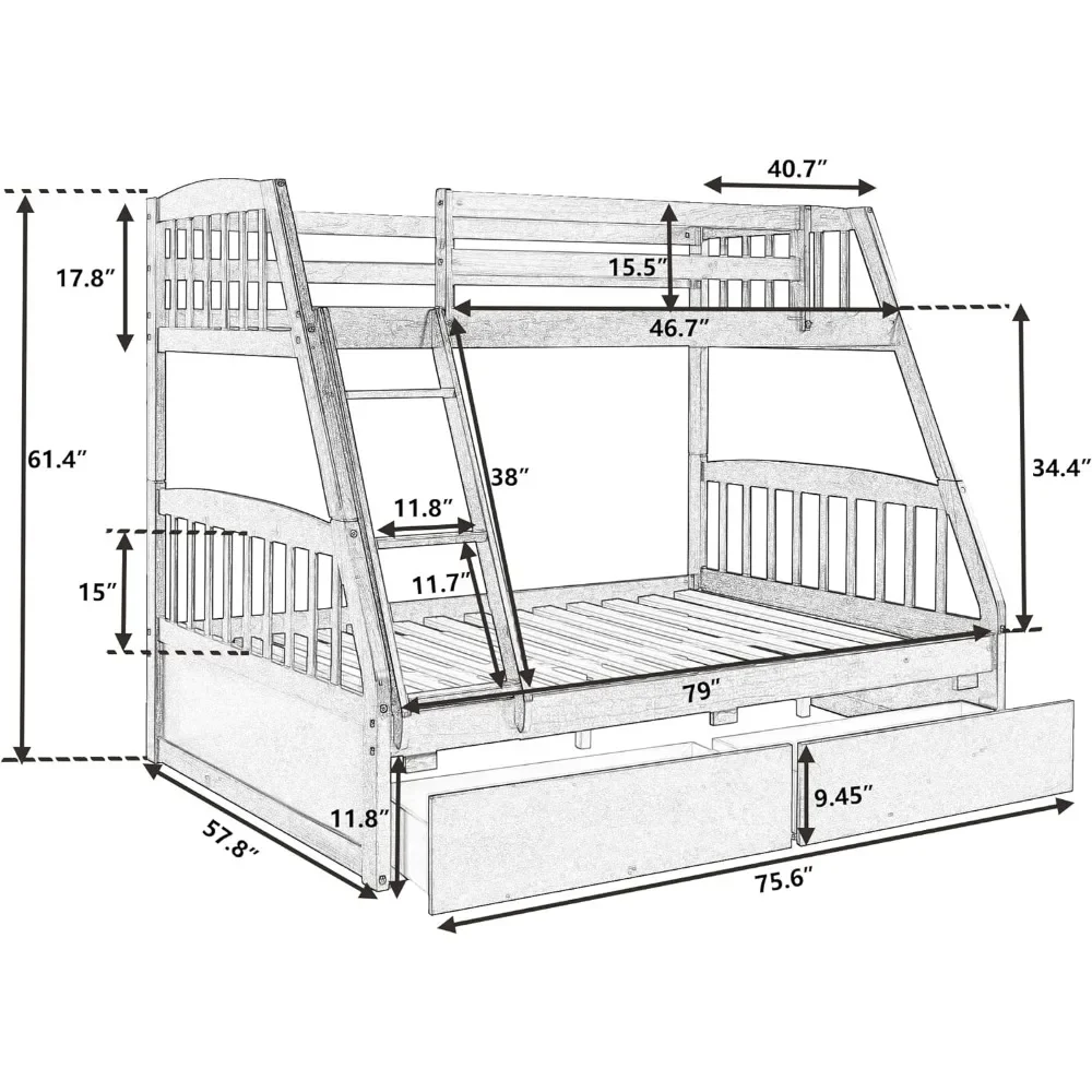 Litera de madera maciza para niños, adolescentes y adultos, con dos cajones de almacenamiento, escalera extraíble y barandilla de seguridad