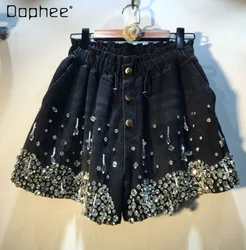 New Heavy Industry Tassel Bead Diamond High Waist Slimming Wide-Leg Denim Shorts Women's High Street Rhinestone Black  Shorts