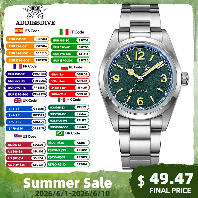 ADDIESDIVE Top Brand Men Watch 100M Waterproof Super Luminous Stainless Steel New Quartz Watch 36mm Elegant VH31 Watches For Men