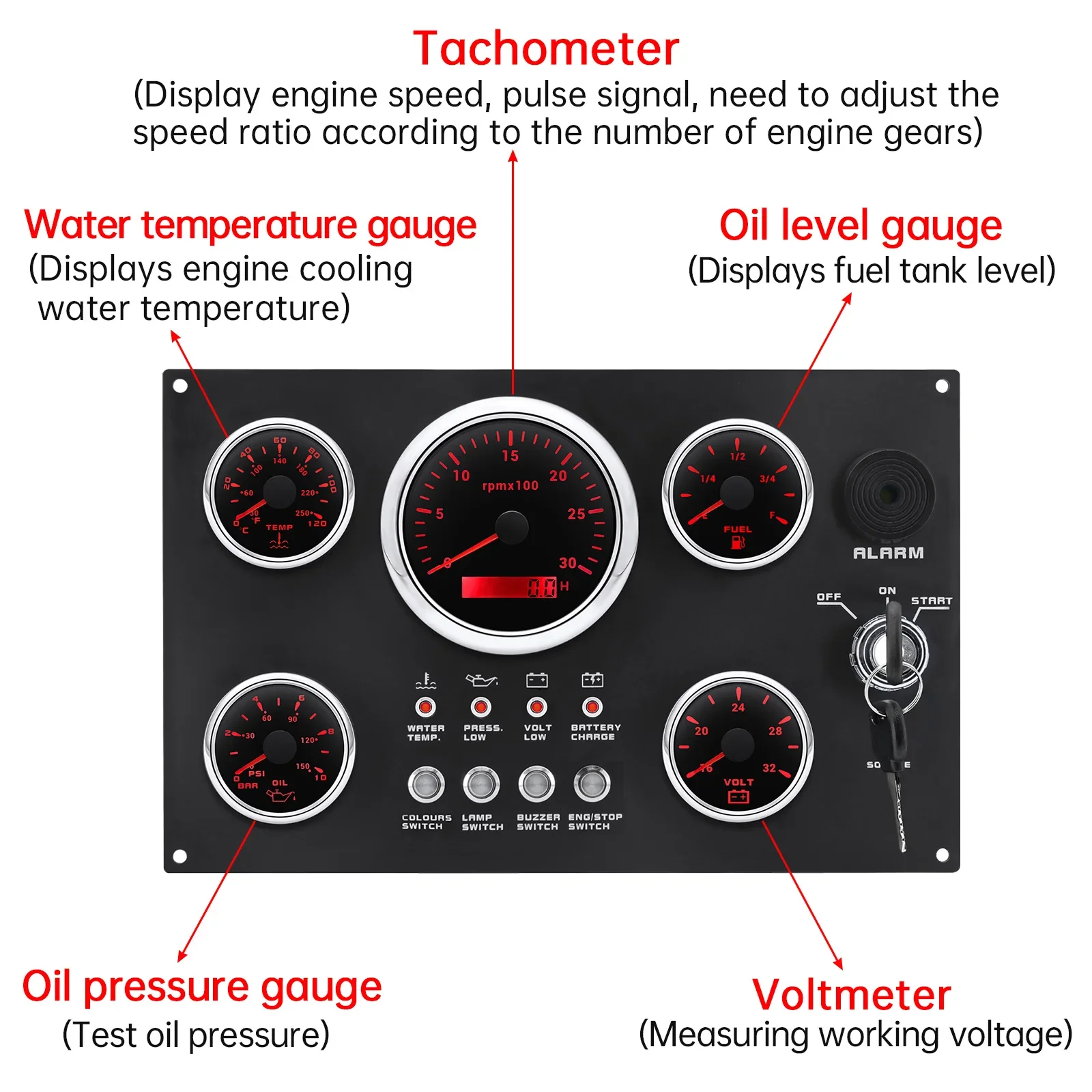 12V/24V Gauge Cluster with Ignition Keys 5 Gauge Set Switch Panel 4 Button Tachometer Fuel Oil Press Water Temp Voltage Display