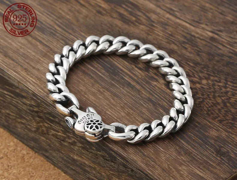 Biker punk trend master overbearing 925 silver bracelet men's jewelry wide face thick smooth retro simple fashion bracele