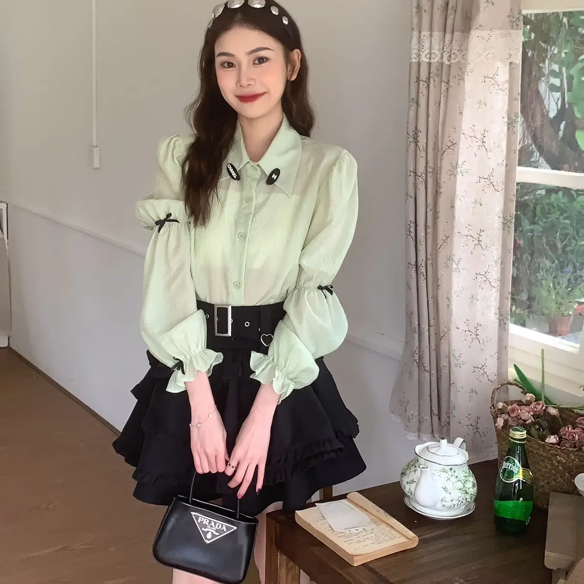 Temperamento doce doce cor puff manga camisa para primavera feminina novo design francês solto topo fino