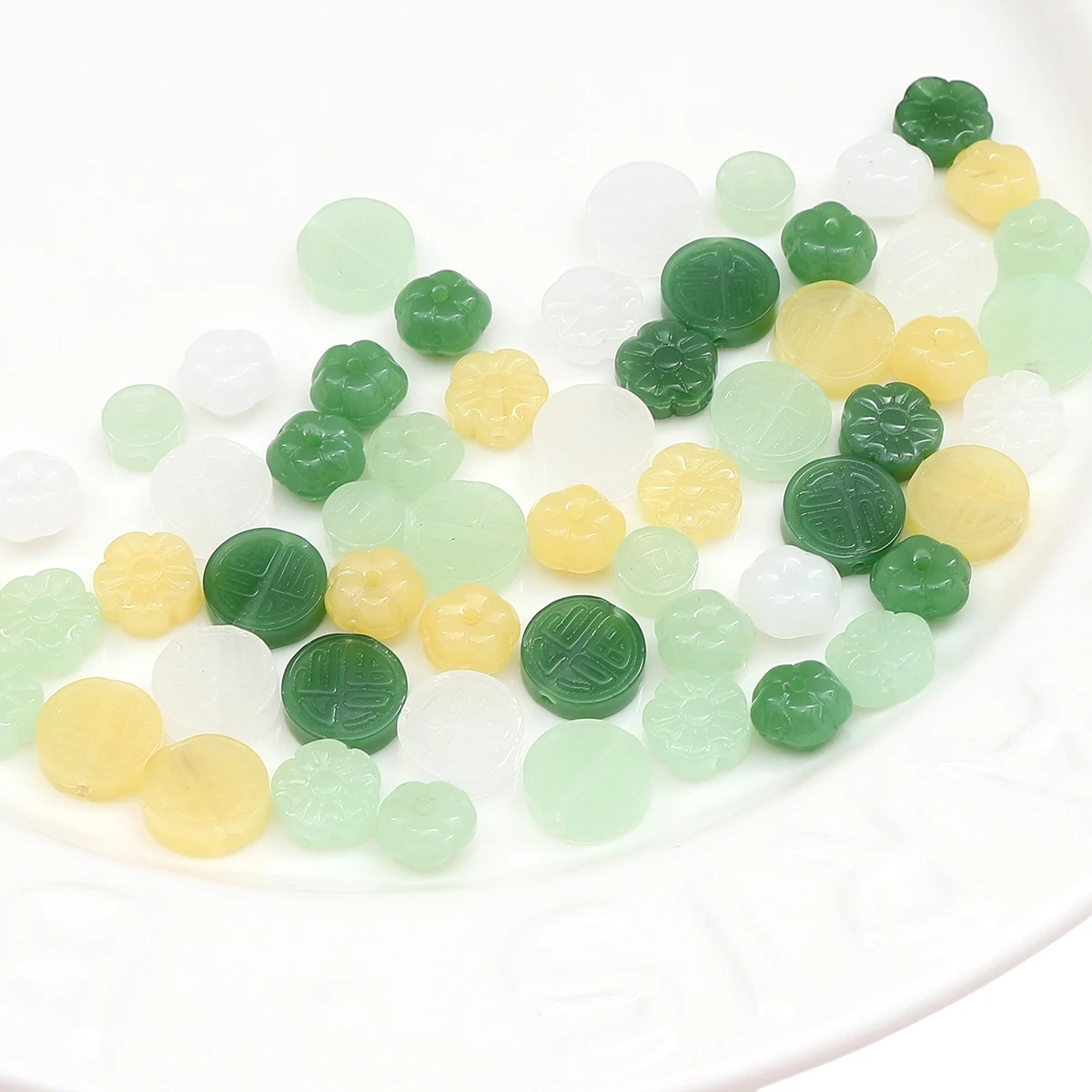 10pcs Glass Imitation Jade Beads Flat Pumpkin Copper Coin Fu Brand Plum Blossom Beads DIY Necklace Bracelet Clothing Accessories