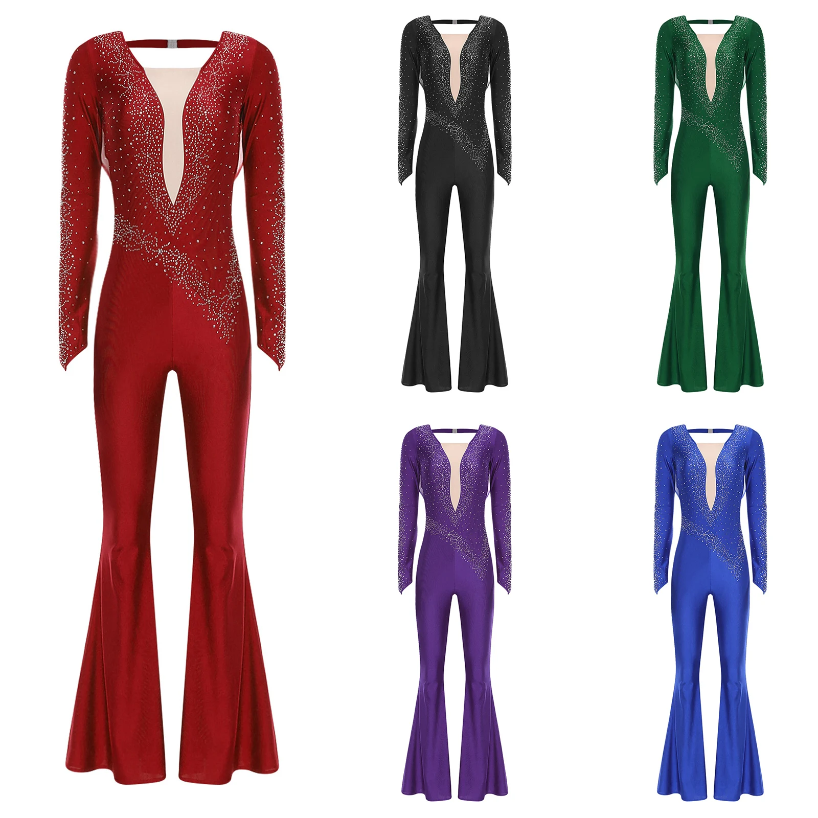 

Women Latin Dance Rompers Cha-cha Samba Rumba Dance Costume Rhinestone Long Sleeve Ruched Mesh Overlay Bell Bottom Pant Jumpsuit
