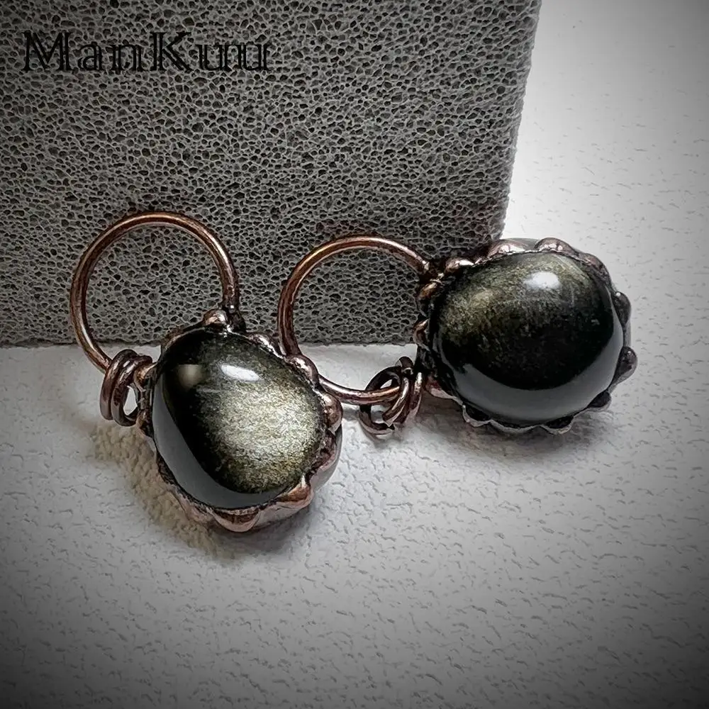 mankuu vintage bronze plated round natural golden obsidian stones sweater chain circle pendant necklace jewelry for women men
