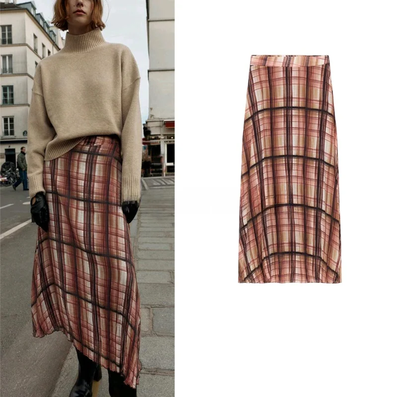 

Winter New High Waist Pleated Plaid Midi Skirt Women's Casual Sle f Body Skirt Ci Commuting Polyester Fiber A-Line Ski...