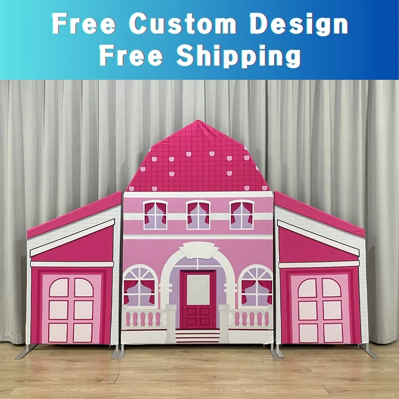 Pink Castle Backdrop with Aluminium Barn Arch Stand, Customized Arch Backdrop, Cover for Baby Birthday, Photo Booths, Set of 3