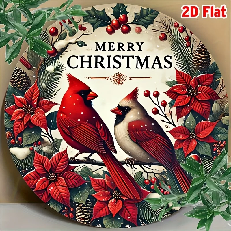Merry Christmas Red Cardinal Bird 2D Round Metal Tin Sign 20x20cm Poinsettia Holly Wreath Iron Plaque Xmas Front Door Wall Decor
