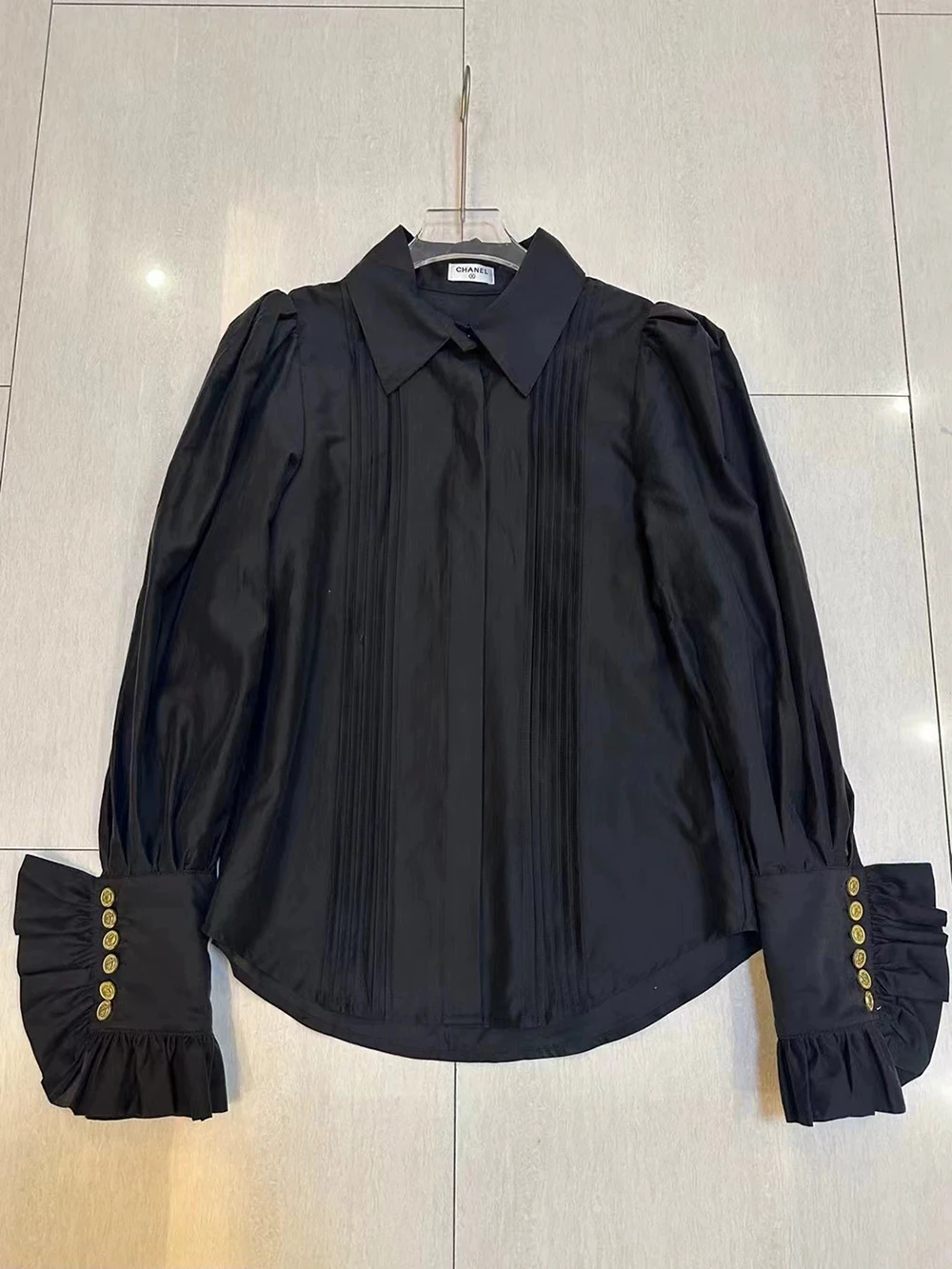 Franse stijl elegante effen kleur tops herfst 2025, nieuwe high-end revers geplooide collage manchetknopen shirt-GZXX 957