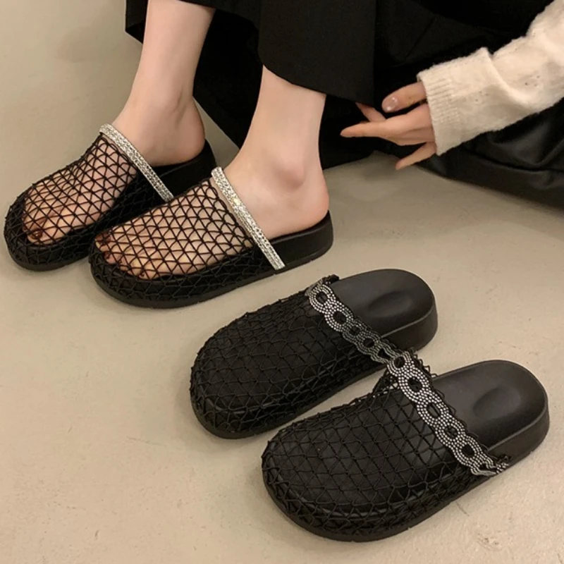 

Women's Summer Platform Rhinestone Embellishment Slides Non-Slip Sandals Women Fashionable Casual Comfortable Mid Heel Slippers