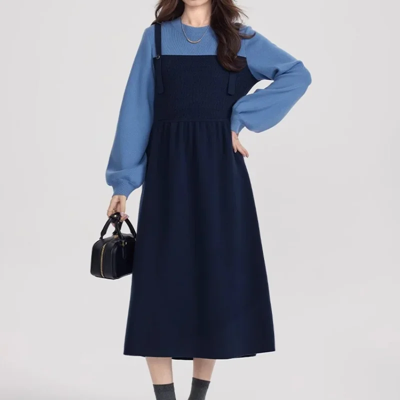 

College Style Fake Two-piece Spliced Knitted Dress for Women Autumn Winter New Slim Fit Inner Loose Long Sweater Lady Dresses