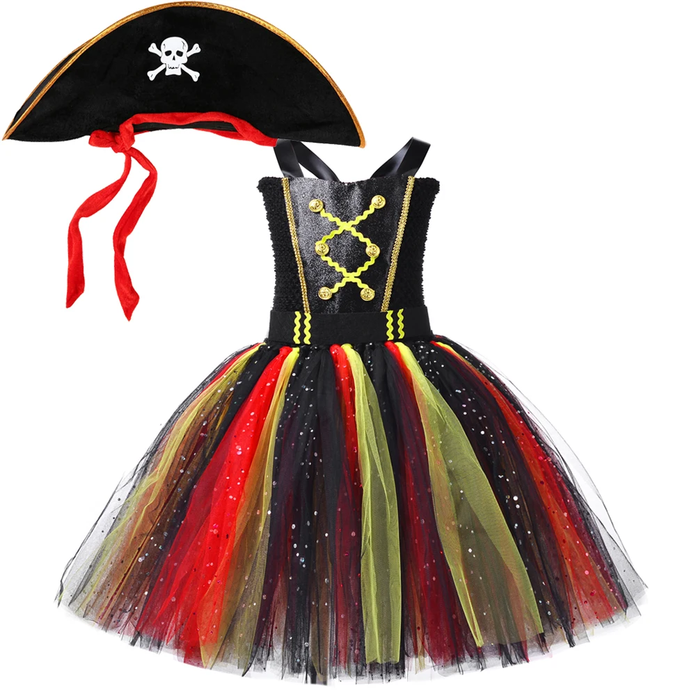 Sparkly Pirate Costumes for Girls Christmas Halloween Fancy Tutu Dress for Kids Carnival Party Disguise Outfit with Pirate Hat
