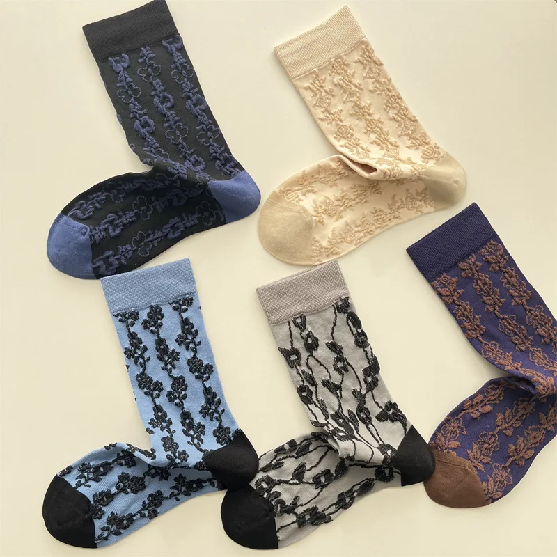 Women Socks Spring Summer Cotton Raised Floral Crew Casual Sock