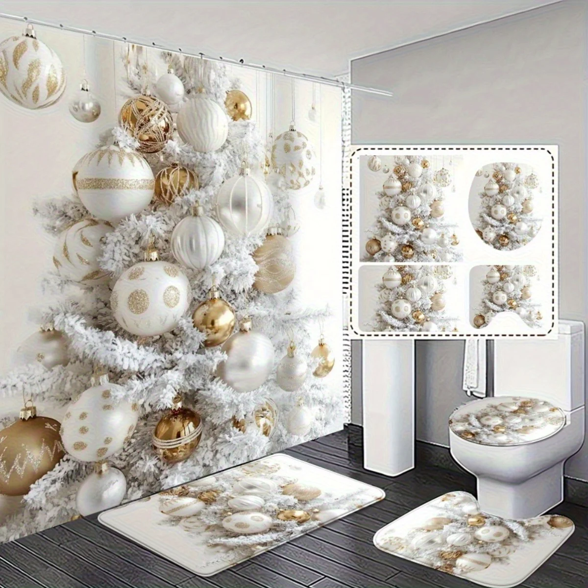 

4Pcs White Xmas Tree Bath Set, Gold White Elegant Design, Holiday Home Gift, Xmas Bathroom Decor, All-Season Use