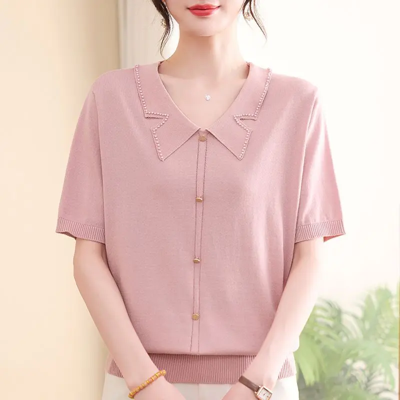 Summer Slim Fit Short Sleeve Knitted Ice Silk T-Shirt for Middle-Aged And Elderly Women Breathable Lightweight Comfortable Q481