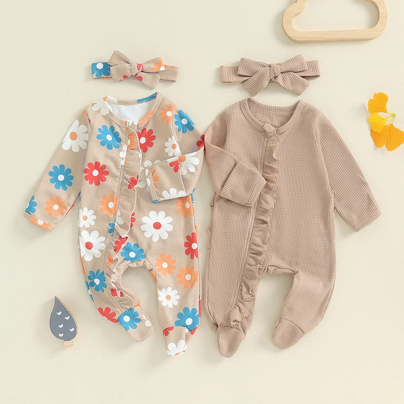 Baby Girls Outfit Long Sleeve Crew Neck Frills Solid Flower Footies Jumpsuit and Headband Fall Clothes