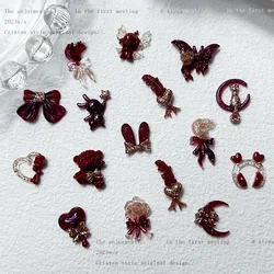 20szt Cools Wine Red Nail Art Akcesoria Lumionus Camellia Butterfly Knot Nail Charms Bulk Flatback Żywiczne cyrkonie do paznokci DIY