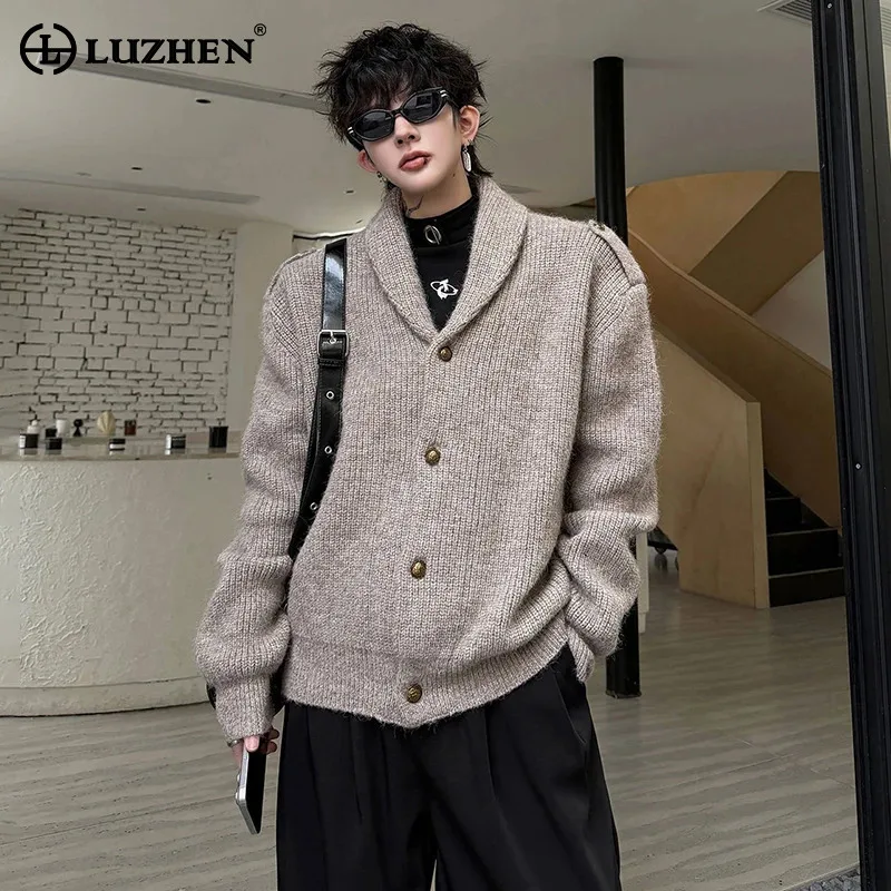 LUZHEN 2026 Winter Trendy Handsome Lapel Shoulder Patchwork Casual Knitted Cardigan Men's Fashion High Quality Sweater JY9233
