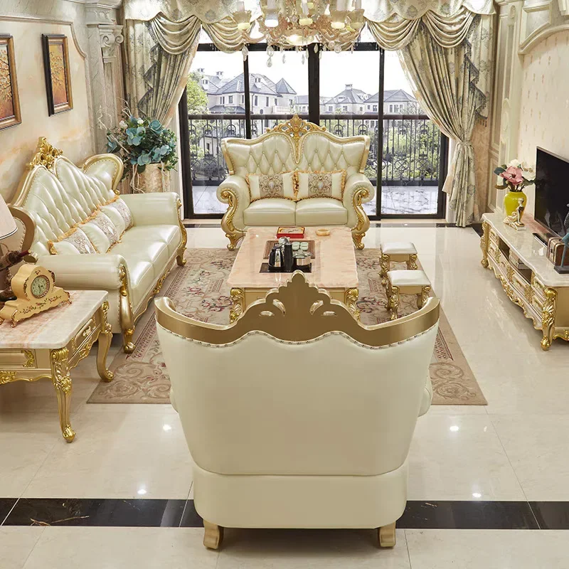 Y16- European-style real cowhide sofa noble gold solid wood high-end luxury large and small apartment villa living room sofa