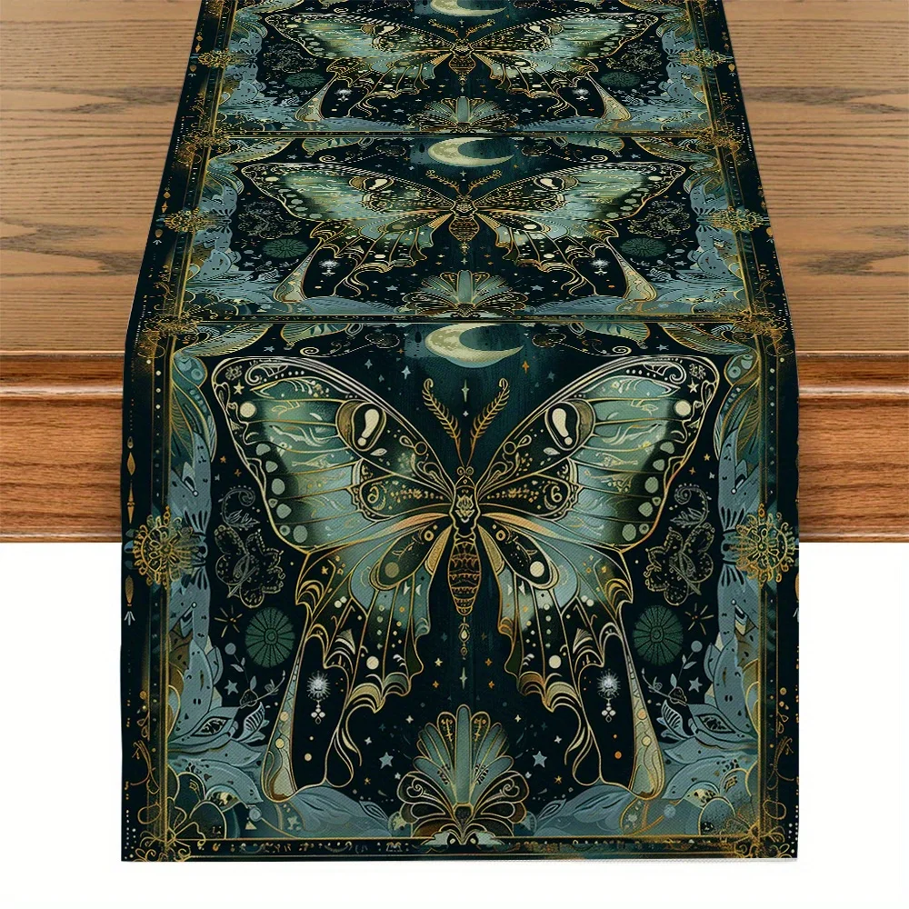 VIKAMA Tischläufer mit bezaubernden Schmetterlingen und Mond, rechteckige Tischdecke aus strapazierfähigem Polyester, Party-Dekoration für Küche und Esszimmer