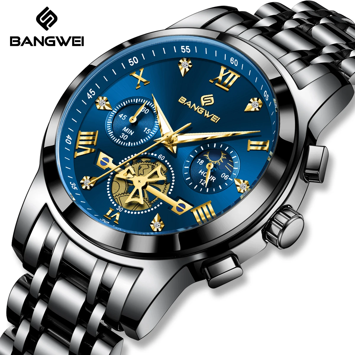 BANGWEI 2026 TOP Business Clock Luminous Fashion Men's Watch Moon Phase Sports Male Watch Casual Watches Gift For Men reloj+BOX