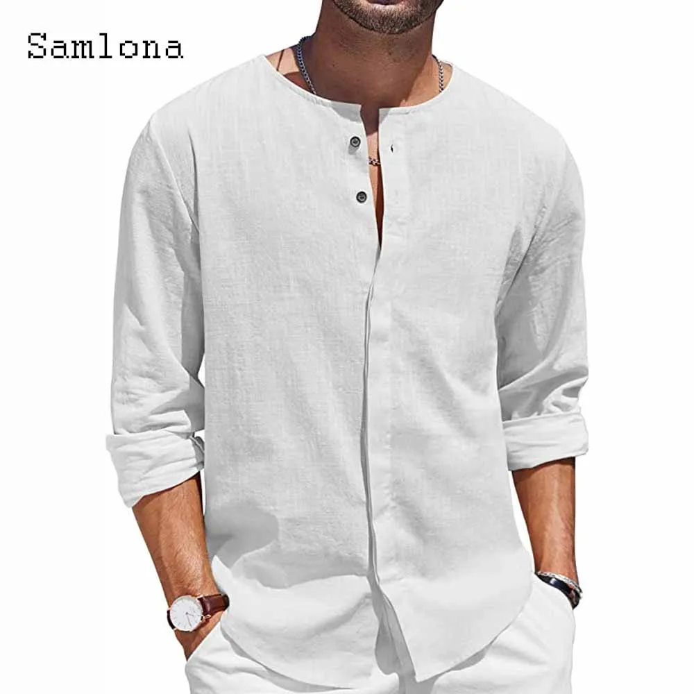 Men Collarless Linen Shirts Clothing 2023 Single Breasted Tops Solid Blue Simple Beach Shirt Mens Long Sleeves Casual Blouse