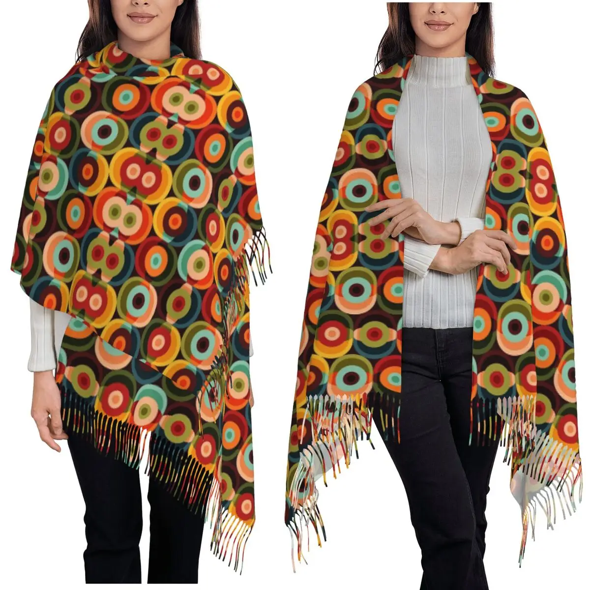 

Printed Polka Eye Illusion Dot Pattern Mid Century Scarf Tassel Scarves for Women Shawls and Wraps Large Fall Winter Shawl Wrap