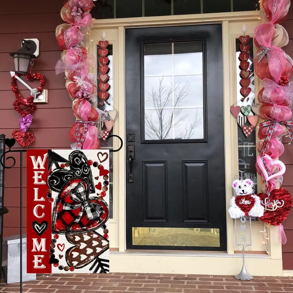 Valentine Love Heart Buffalo Plaid Garden Flag, Welcome Small Burlap Double Sided Garden Flag for Outside Holiday Farmhouse  EEZ