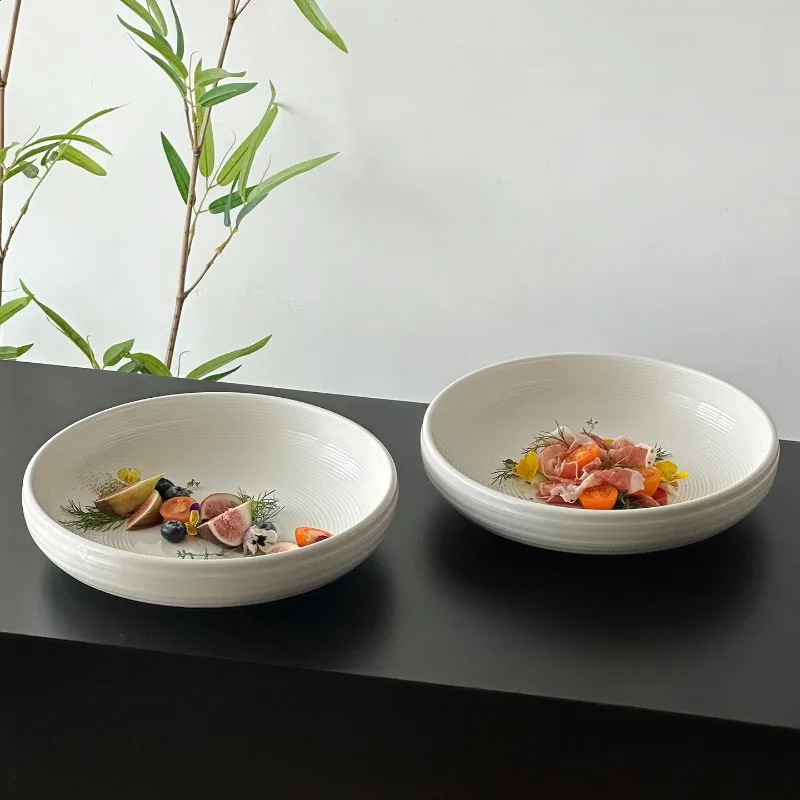 White Ceramic Plate Exquisite Ceramic Dinner Plates Creative Line Ceramic Plate Western-style Deep Dinner Plates Large Soup Bowl