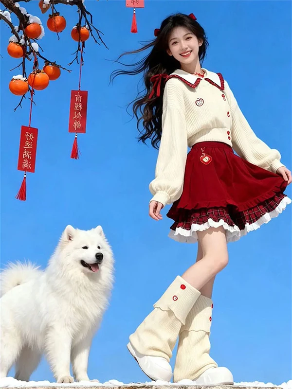 

Fashionable Christmas Plaid Short Cardigan Top And Skirt Set Splice Collar Design Warmth Wear for Autumn Winter Casual Outfits