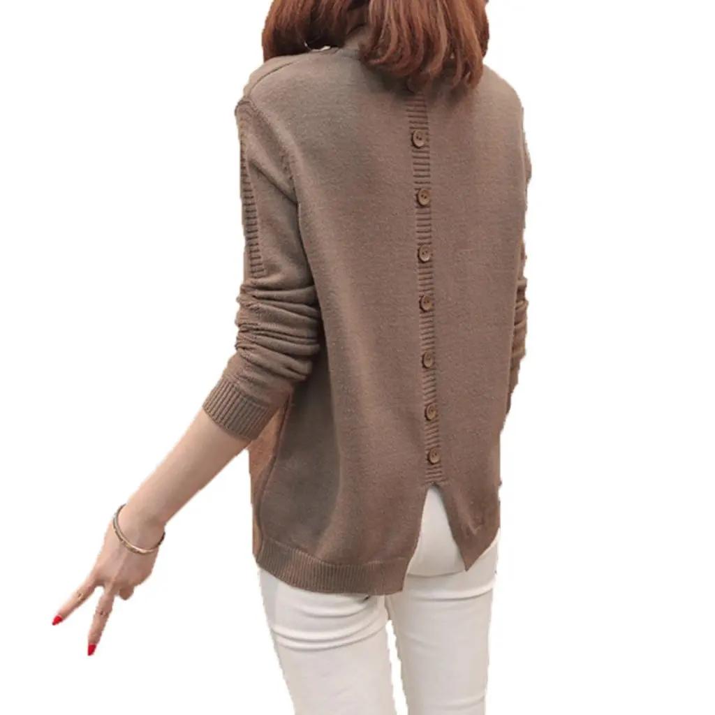 

Women's V-neck Pullover Long-Sleeved Crocheted Sweater Pure Color Single-Breasted Bottoming Shirt for Autumn Winter