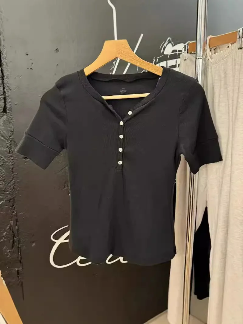 Black Buttons T-shirts Women Summer New Cotton Casual Chic Preppy Style Short Sleeve Tee Vintage Basic Preppy Style T-shirt Y2K