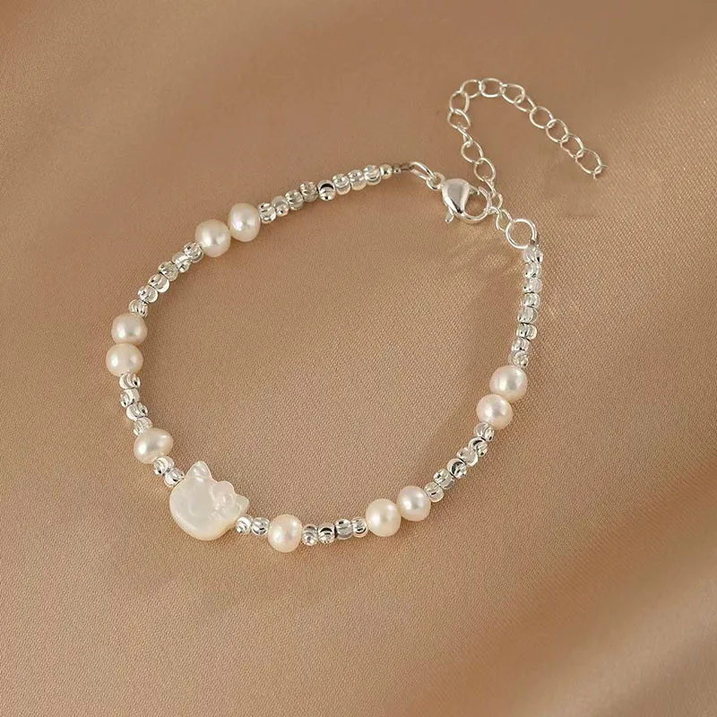 Minar Handmade Shiny Silver Water-wave Chain White Shell Fritillary Cat Head Freshwater Pearl Charm Bracelets for Women Gift