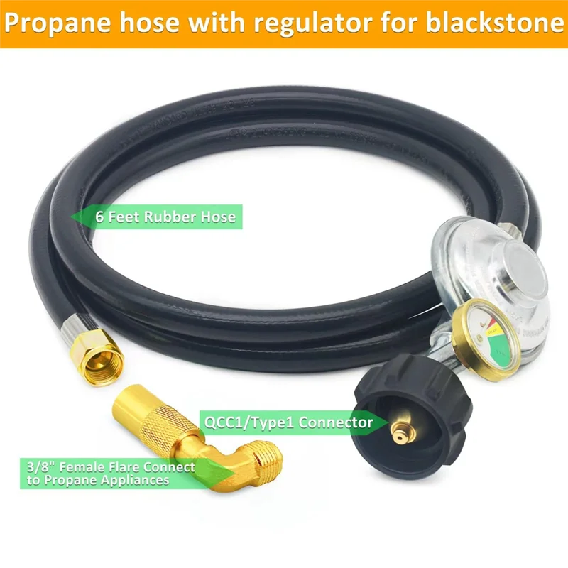 Manguera reguladora de propano de 6 pies con calibre, piezas de repuesto del regulador de parrilla universal QCC1 con adaptador de codo de 90 grados fácil de usar
