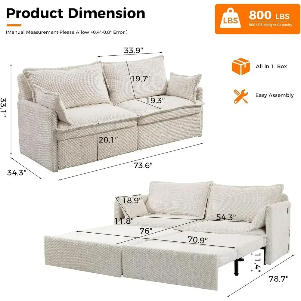 King Size Pull Out Sleeper Sofa Couch Bed with USB/C-Type Ports, Corduroy Fabric, White