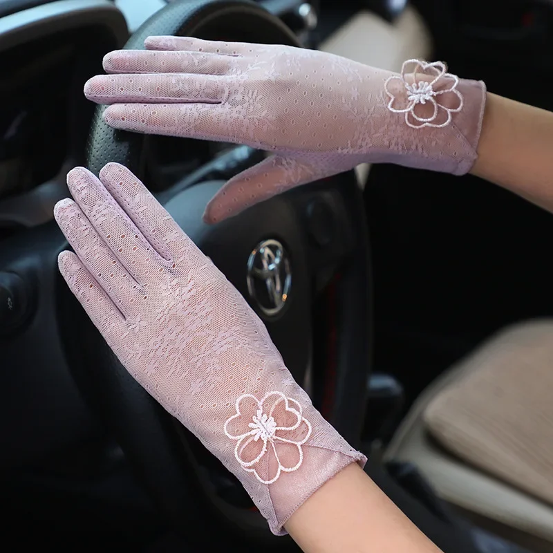 Guanti da guida estivi da donna autunno protezione solare antiscivolo guanti corti anti-uv guanto Touch Screen in pizzo di seta ghiaccio sottile da