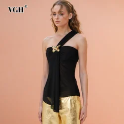 VGH Soild Patchwork Metal Slimmig Vests For Women Diagonal Collar Backless Sleeveless Temperament Designer Tank Top Female New