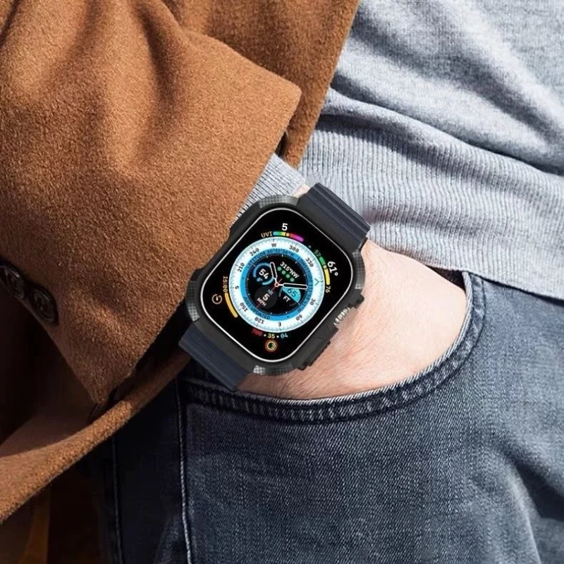 حافظة من البولي يوريثان لساعة أبل الترا 49 مللي متر غطاء ممتص للصدمات من السيليكون لساعة أبل الترا 2 49 مللي متر ملحقات ألياف الكربون