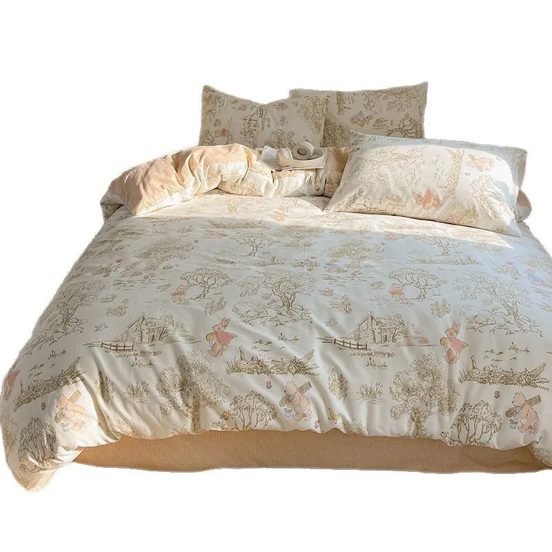 

Cartoon ins wind cotton four-piece set pure cotton four-season bed sheet quilt set three-piece bedding